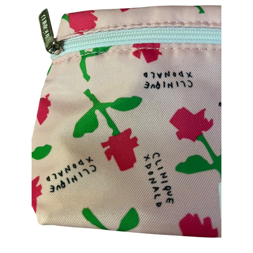 Clinique X Donald Floral Makeup Bag Pink W/ Green Flower Pattern Zipper Pouch 9. - Picture 5 of 9